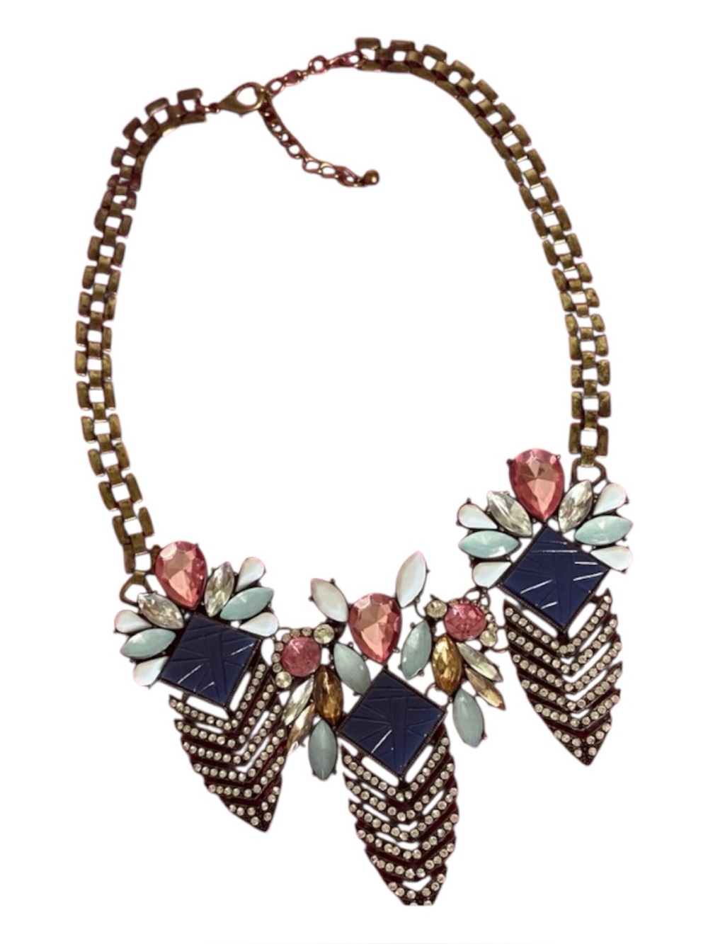 Colorful Statement Bib Necklace Pink Navy Gold Geometric Jeweled